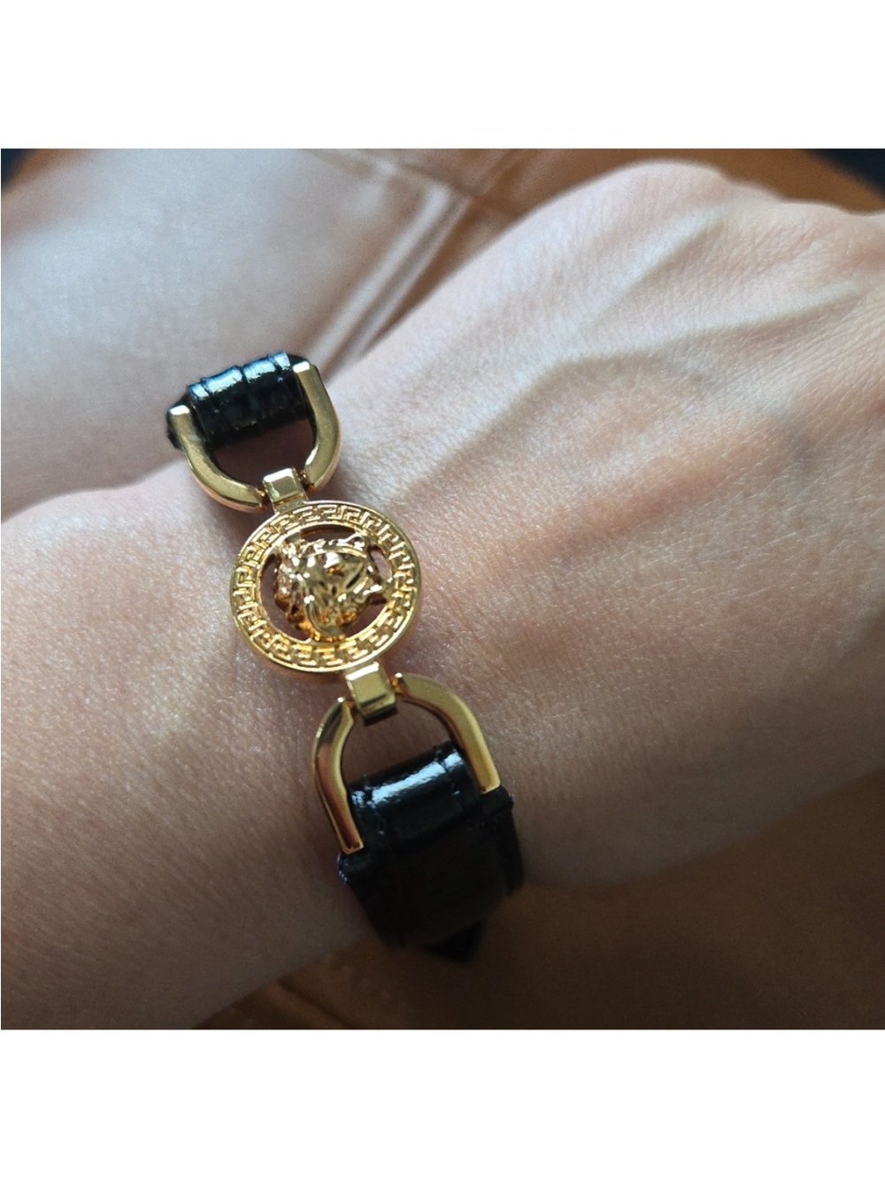 Versace Black Leather Bracelet with Gold Medusa Emblem